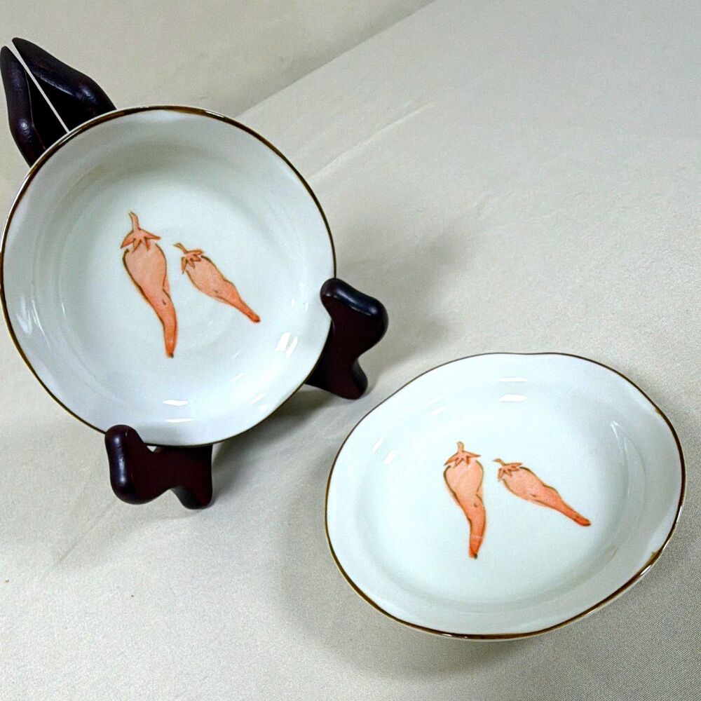 Vintage Kutani Japan Porcelain Chili Pepper Butter Pat Gold Trim Set of 2